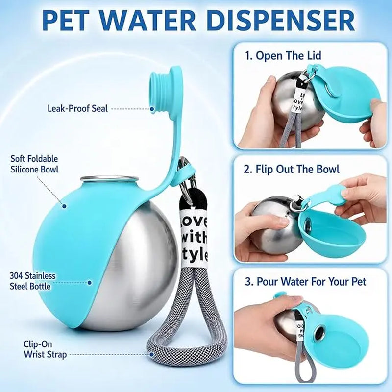 Eco-Friendly 10Oz (285Ml) Stainless Steel Dog Water Bottle with Rubber Leakproof Seal, Foldable Silicone Bowl 2-In-1 Pet Dispenser for Feeding (Pet Supplies, Dog Feeding Accessories), Foldable Bowl