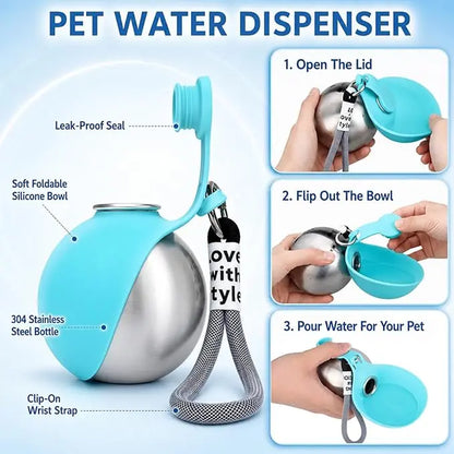 Eco-Friendly 10Oz (285Ml) Stainless Steel Dog Water Bottle with Rubber Leakproof Seal, Foldable Silicone Bowl 2-In-1 Pet Dispenser for Feeding (Pet Supplies, Dog Feeding Accessories), Foldable Bowl